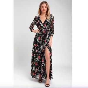 Lulus Awakened Black Floral Print Chiffon Maxi Wrap Dress